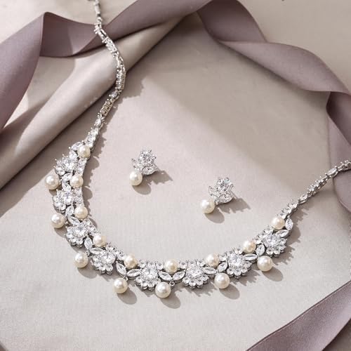 EVER FAITH Wedding Jewelry for Bride, Gorgeous Cubic Zirconia Faux Pearl Elegant Flower Bridal Prom Choker Necklace Stud Earrings Sets for Women - color: White Gold Plated