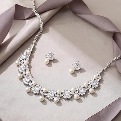 EVER FAITH Wedding Jewelry for Bride, Gorgeous Cubic Zirconia Faux Pearl Elegant Flower Bridal Prom Choker Necklace Stud Earrings Sets for Women - color: White Gold Plated