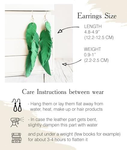 Leather Feather Earrings, Suede layered earrings, boho wedding jewelry, summer earrings, gift for her, dangle earrings - color: green