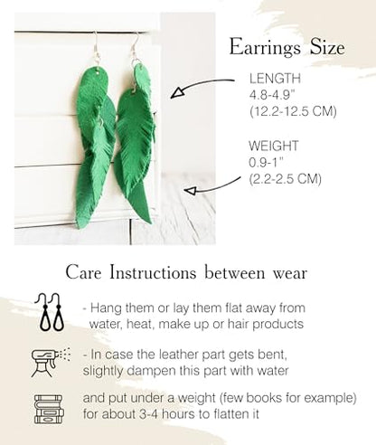Leather Feather Earrings, Suede layered earrings, boho wedding jewelry, summer earrings, gift for her, dangle earrings - color: green