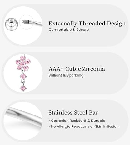 BSJ4U Belly Button Ring Dangle Navel Belly Piercing Jewelry Cute Pink CZ Heart Butterfly Bow Flower Navel Belly Rings for Women 14G Silver Stainless Steel Dainty Dangly Dangling Belly Button Piercing - color: Pink CZ Belly Button Rings