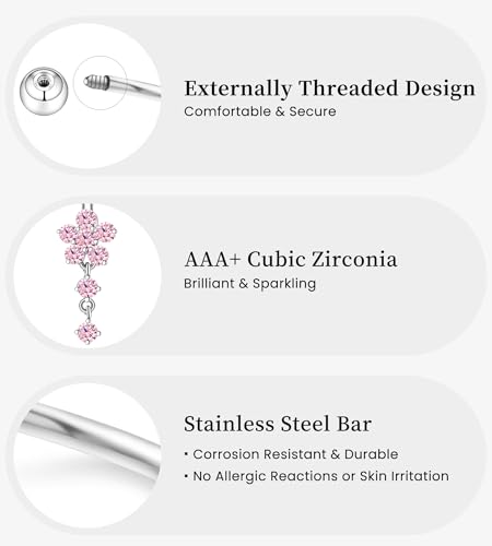BSJ4U 8Pcs Gold Pink Silver Belly Button Ring Dangle Navel Belly Piercing Jewelry Cute CZ Butterfly Heart Flower Bow Navel Belly Rings for Women 14G Hypoallergenic Surgical Stainless Steel Dainty Dangling Dangly Belly Button Piercing Pack - color: Pink Be