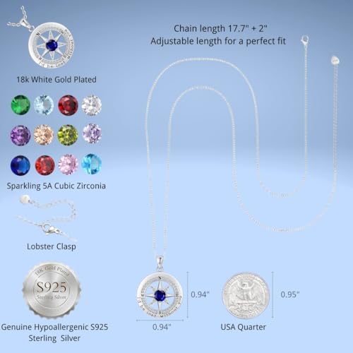 Compass Necklace for Women Wife Girlfriend Mom Daughter Gifts | S925 Silver Jewelry For Anniversary 18K Rose Gold Gifts For Birthday Christmas Mothers Valentines Day 12 Birthstones - style: 09-September-Silver