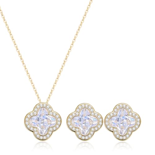 14K Gold Plated | 14K Platinum Plated Necklace for Women Necklace Earrings Set with Sparkling Zircon Inlay and Silver Post Earrings - color: Simple sleek three-leaf gold suit