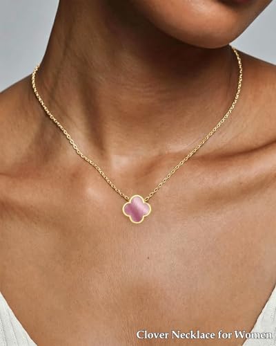 Clover Jewelry Set 3 PC - 18K Gold Plated Stainless Steel Y Necklace Four Leaf Pendant, Clover Bracelet Charm, 4leaf Earrings, Hypoallergenic Non-Tarnish, Lucky Jewelry Gifts for Women Mom - color: Pink/Gold