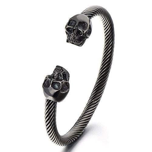 COOLSTEELANDBEYOND Elastic Adjustable Unique Mens Skull Cuff Bangle Steel Twisted Cable Bracelet Polished - color: A-Metal Color: Black