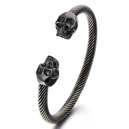 COOLSTEELANDBEYOND Elastic Adjustable Unique Mens Skull Cuff Bangle Steel Twisted Cable Bracelet Polished - color: A-Metal Color: Black