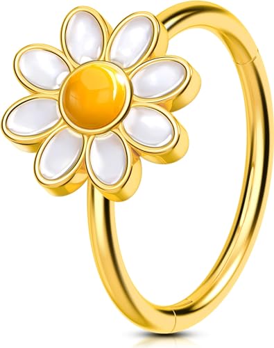 OUFER Nose Rings Hoops, 316L Surgical Steel Hinged Segment Nose Rings 20G, Silver Gold Nose Rings with Cute Daisy Design, Nose Nostril Piercing Jewelry for Women and Men - color: Gold