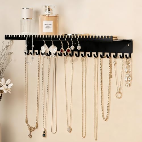 niffgaff Wall-Mounted Jewelry Organizer with Hooks and Shelf - Necklace Hanger Holder for Hanging Storage, Multi-Functional Wall Decor(for Rings, Earrings, Bracelets), Black - color: Black