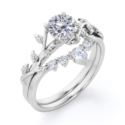 Center 1 CT Round Cut Floral Moissanite Wedding Rings Sets for Women Leaf and Vine Art Deco Engagement Ring Sets in S925 Sterling Silver 10K 14K 18K Gold with Text Engraving - color: Style C