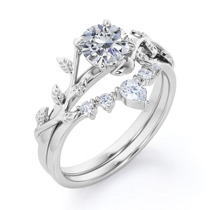 Center 1 CT Round Cut Floral Moissanite Wedding Rings Sets for Women Leaf and Vine Art Deco Engagement Ring Sets in S925 Sterling Silver 10K 14K 18K Gold with Text Engraving - color: Style C