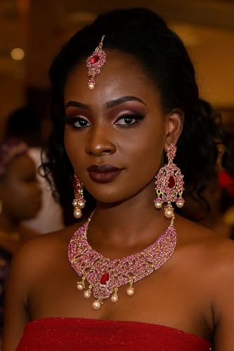 Touchstone Indian jewelry sets for women tikka wedding necklace costume guest statement bollywood rhinestones crystal faux pearls gold big royal neck piece set bridal fashion accessories - color: Pink