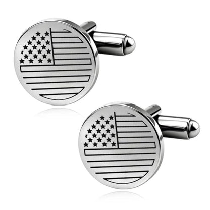 Silver Cufflinks for Men Wedding Engagement Gifts for Him Cuff Links 2Pcs Round Stainless Steel Engraved Cufflink for Shirt - color: American Flag