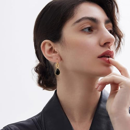 Crystals Teardrop Dangle Drop Earrings, 18K Gold Plated Hoop Earrings Zirconia Jewelry for Women Gifts - color: Black-Long