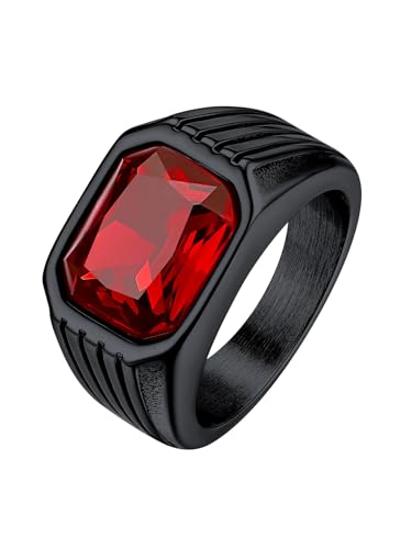 Bestyle Chunky Signet Ring for Men, Stainless Steel/Black Ring Synthetic Gemstone Band Ring Biker Ring for Men, Thumb Pinky Ring Mens Fashion Ring Jewelry Size 7-14, Gift Package - color: 2.red garnet-black