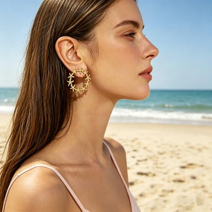Gold Statement Earrings For Women, 14K Gold Plated Textured Geometric Drop Earrings - Hypoallergenic Stainless Steel Statement Earrings for Women, Waterproof Fan-Shaped Dangle Earrings for Beach & Daily Wear - color: Starfish DKE252030GL
