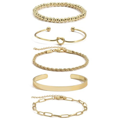 Gold Bangle Bracelets for Women Non Tarnish, 18k Gold Bracelet Stack Layered Chunky Cuff Bracelet Knot Cross Bowknot Bracelets Trendy Jewelry Set for Women Gifts - color: S02