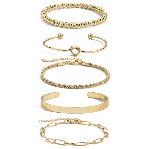 Gold Bangle Bracelets for Women Non Tarnish, 18k Gold Bracelet Stack Layered Chunky Cuff Bracelet Knot Cross Bowknot Bracelets Trendy Jewelry Set for Women Gifts - color: S02