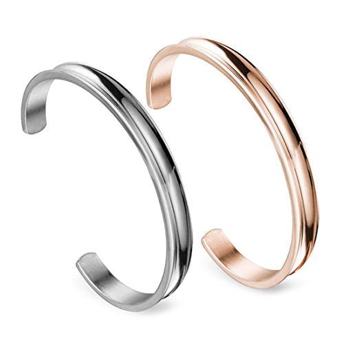 Zuo Bao Stainless Steel Bracelet Grooved Cuff Bangle for Women - color: Silver+Rose Gold