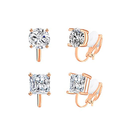 YOQUCOL 2 Pairs 8MM Cubic Zirconia Crystal Clip On Stud Earrings Non Pierced Stud Earrings For Women - color: Rose Gold-White