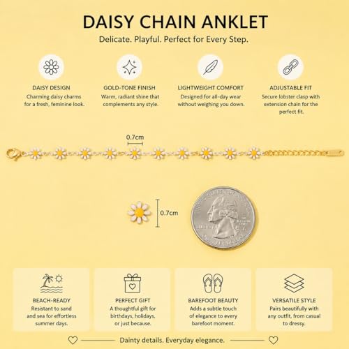 Women's Stainless Steel Daisy Anklet Gold Chain Dainty Flower Ankle Bracelet for Summer Beach Wear - color: White Daisy
