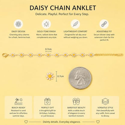 Women's Stainless Steel Daisy Anklet Gold Chain Dainty Flower Ankle Bracelet for Summer Beach Wear - color: White Daisy