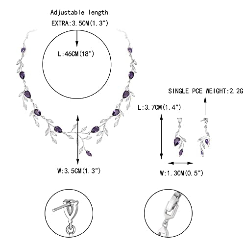 Cubic Zirconia Leaf Vine Wedding Jewelry Set for Bride Women Bridesmaid | Pear-Shaped Birthstone, Necklace Dangle Earrings for Bridesmaid, Silver-Plated-Brass - color: 2pcs_Purple