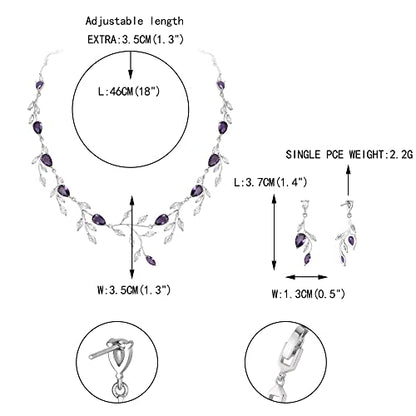 Cubic Zirconia Leaf Vine Wedding Jewelry Set for Bride Women Bridesmaid | Pear-Shaped Birthstone, Necklace Dangle Earrings for Bridesmaid, Silver-Plated-Brass - color: 2pcs_Purple