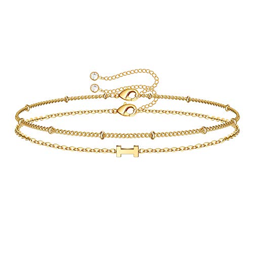 M MOOHAM Valentines Day Gifts for Her Women - Layered Initial Bracelets Gift Letter A-Z Charm, Dainty 14K Gold Plated Initial Bracelets for Women Teen Girls Birthday Jewelry Gifts - color: I