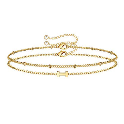 M MOOHAM Valentines Day Gifts for Her Women - Layered Initial Bracelets Gift Letter A-Z Charm, Dainty 14K Gold Plated Initial Bracelets for Women Teen Girls Birthday Jewelry Gifts - color: I