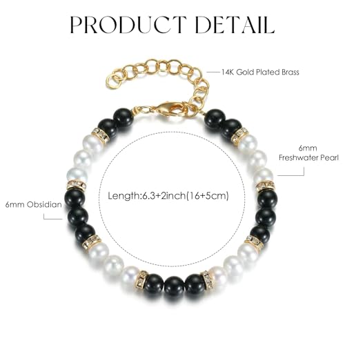 Natural White Pearl Black Obsidian 6mm Bead Adjustable Vintage Bracelet Jewelry Gift for Women