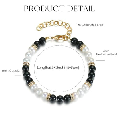 Natural White Pearl Black Obsidian 6mm Bead Adjustable Vintage Bracelet Jewelry Gift for Women