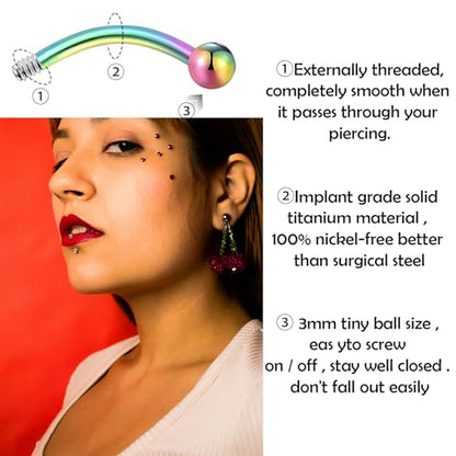 BLISI G23 Solid Titanium Eyebrow Piercing Jewelry, Gold Black Rose Gold Silver Pink Rainbow Eyebrow Rings 16G Curved Barbell,Tiny Vertical Labret Lip Jewelry Rook Piercing Jewelry for Women and Men - color: Rainbow 1