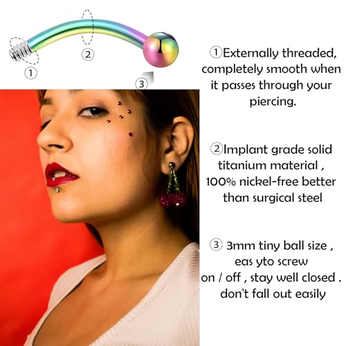 BLISI G23 Solid Titanium Eyebrow Piercing Jewelry, Gold Black Rose Gold Silver Pink Rainbow Eyebrow Rings 16G Curved Barbell,Tiny Vertical Labret Lip Jewelry Rook Piercing Jewelry for Women and Men - color: Rainbow 1
