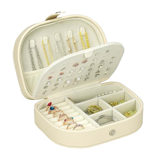 Travel Jewelry Case for women, Small Travel Jewelry Box | Pink Leather Double-Layer Portable Jewlery Organizers Box, Mini Travel Jewelry Organizer for Stud Earrings, Rings, Necklaces - color: White