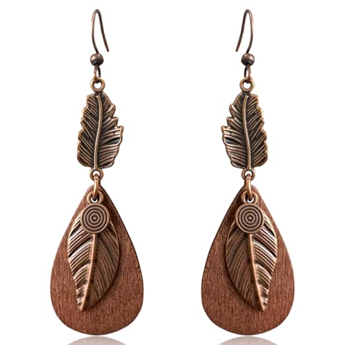 Bohemian Lightweight Vintage Copper Wooden Teardrop Feather Dangle Drop Earrings Retro Handmade Leaf Hook Earrings for Women