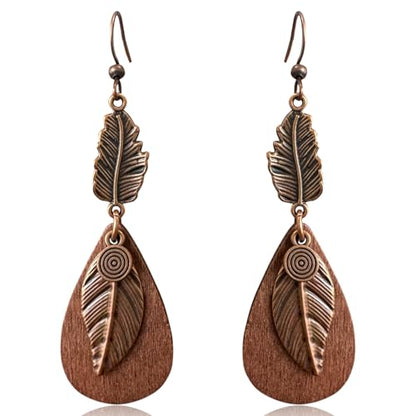 Bohemian Lightweight Vintage Copper Wooden Teardrop Feather Dangle Drop Earrings Retro Handmade Leaf Hook Earrings for Women