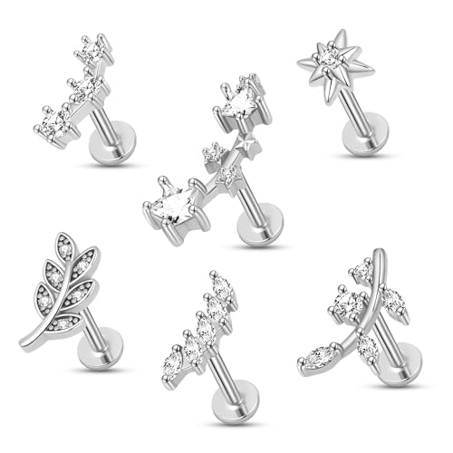 Flat Back Cartilage Earrings CZ Earring Studs Set Helix Conch Tragus Labret Piercing Jewelry for Women Internal Thread Hypoallergenic Surgical Stainless Steel 14K Gold 16 Gauge - color: 16G Bar-8mm Silver
