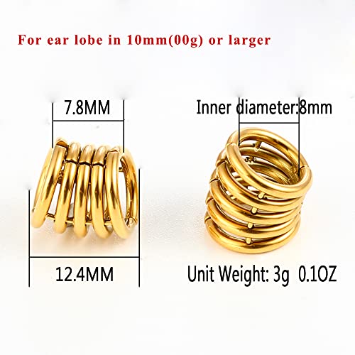 Casvort 2 PCS Hypoallergenic 316 Stainless Steel 00G/3/4'' Stacked Ring Cuffs for Stretched Lobe Ear Gauges Plugs Ear Tunnels Stretcher Earring Studs Clip on Cartilage Body Piercing Jewelry - color: Gold 10mm (00g)