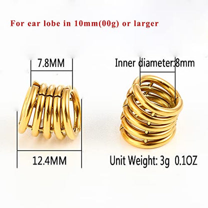 Casvort 2 PCS Hypoallergenic 316 Stainless Steel 00G/3/4'' Stacked Ring Cuffs for Stretched Lobe Ear Gauges Plugs Ear Tunnels Stretcher Earring Studs Clip on Cartilage Body Piercing Jewelry - color: Gold 10mm (00g)