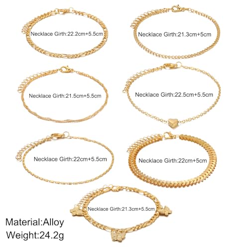 Adjustable Waterproof Layered Bracelets for Women Summer Beach Cuban Link Chain Anklets Set Herringbone Paperclip Beaded Snake Chain Stackable Anklet Stainless Steel Jewelry Bracelet - color: 7PCS-Gold