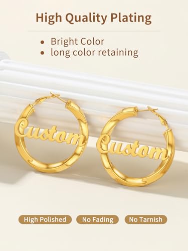 FindChic Twisted Hoop Earrings for Women, Silver/Black/14K Gold Plated Hypoallergenic Hollow Tube Rounded Loop Earrings, 30mm/40mm/60mm/80mm Hoops with Custom Name Options and Gift Box - color: f.Gold (Custom Name), size: 40MM
