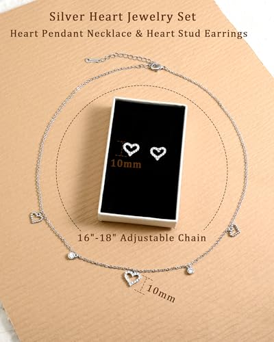 Silver Heart Jewelry Set for Women with Cubic Zirconia Heart Pendant CZ Adjustable Chain Necklace and Minimalist Small Stud for Wedding