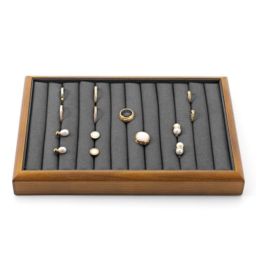 Oirlv Dark Grey Wood Jewelry Tray for Ring Display & Storage | Solid wood base with microfiber lining, multi-compartment design, ideal for jewelry display, ring storage & shop showcase - color: Grey, size: 11 slot