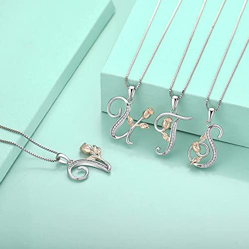 STARCHENIE Initial Necklace for Women Sterling Silver Letters 26 Alphabet Pendant Rose Flower Jewelry Gifts for Family Sisters Friend - color: T