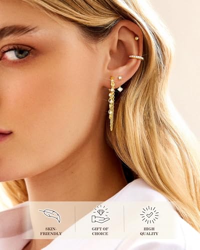 Tassel Chain Small Gold Hoop Dangle Earring For Women Huggie Earring Heart Star CZ 14K Gold Plated Fashion Jewelry Graduation Gift for Her Mothers Day Gifts for Mom - color: Gold-4 Pairs B