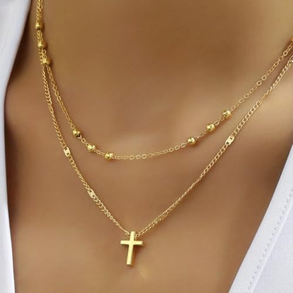 Alegend Dainty 14K Gold Double - Layer Cross Necklace for Casual & Formal - style: 14K Gold Beads+ Cross