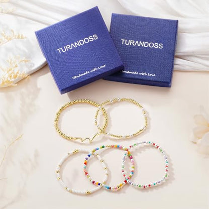 Turandoss 5PCS 14K Gold Plated Beaded Stretch Bracelets Set for Women | Stacked Bow Cross Wave Knot Pearl Beads Bracelet Set, Waterproof 7 Inch Stretch Elastic, Summer Jewelry Gifts for Women Girls - color: 5PCS Wave Beaded Bracelets