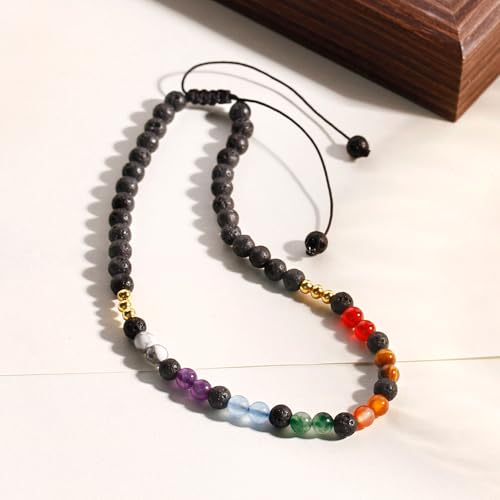 Colorful 7 Chakra Gemstones Beaded Anklet for Women Foot Jewelry | Adjustable 8.5-10 in, Ankle Bracelets for Women, Handmade, Positive Energy, Balance, Yoga, Meditation, Beach, Party, Vacation - style: Lava Rock