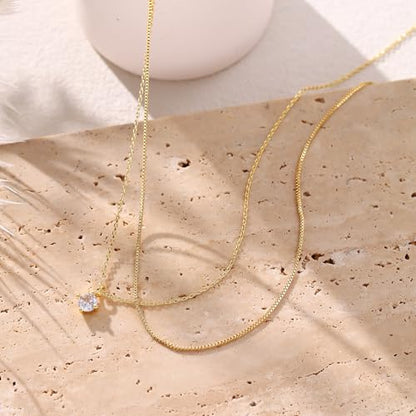 Layered Choker Necklace for Women Stackable Chain Dainty Zircon Pendant Set | 2PCS, Silver/14K Gold Plated, Box/Ball/Rope/Lip chain, Layering Diamond Cut CZ Pendant, Dainty Thin Chain, Trendy Prom Gift - color: Gold, style: Style 02